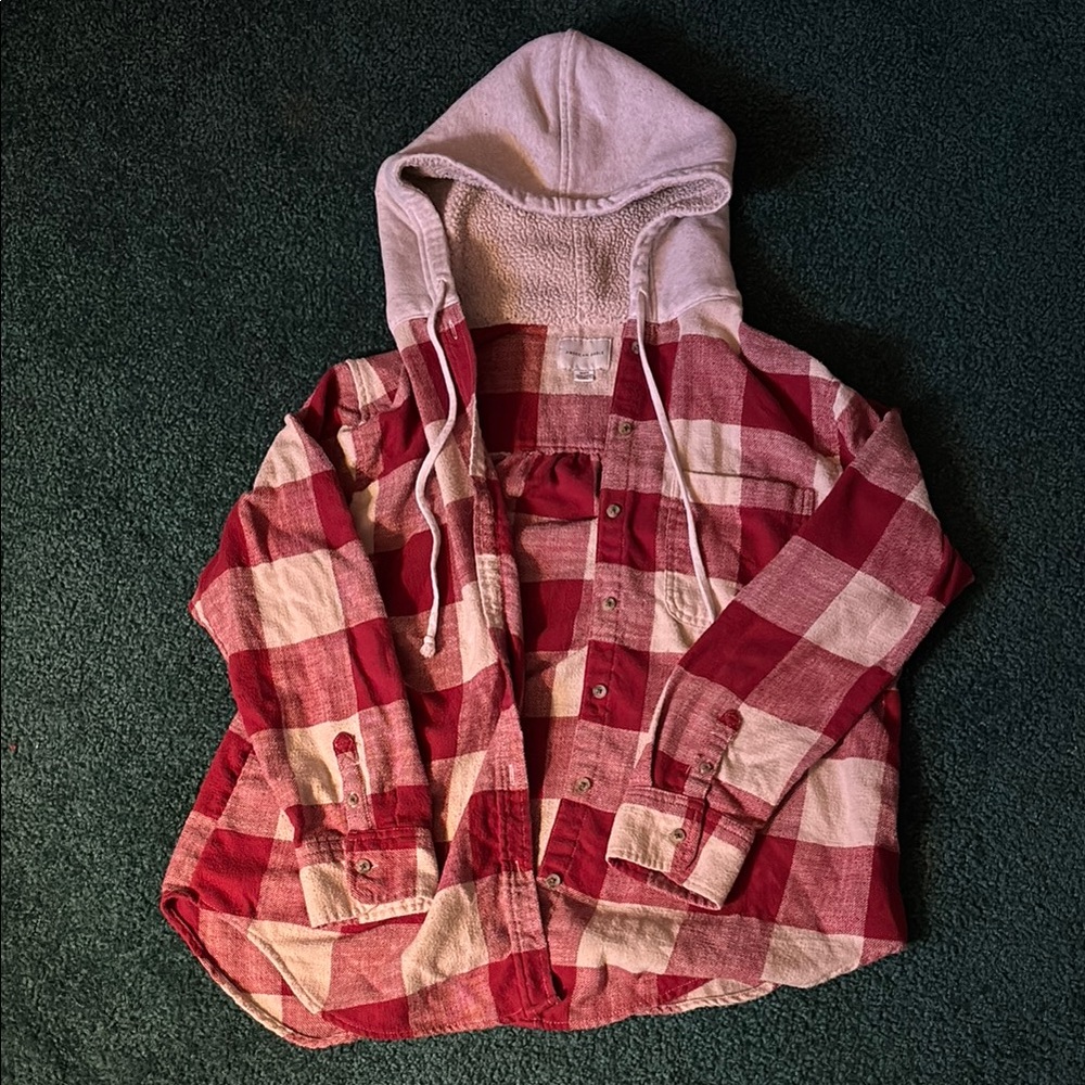 American Eagle Women’s Red & White Plaid Hooded Shirt Size Medium